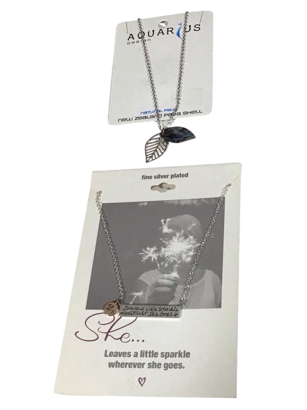 2 Necklaces Aquarius Silver Plated Leaf Paua Shell Pendant She